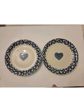 Pair 2 Folk Craft Hearts By Tienshan Sponge Blue 7.5" Salad Plate